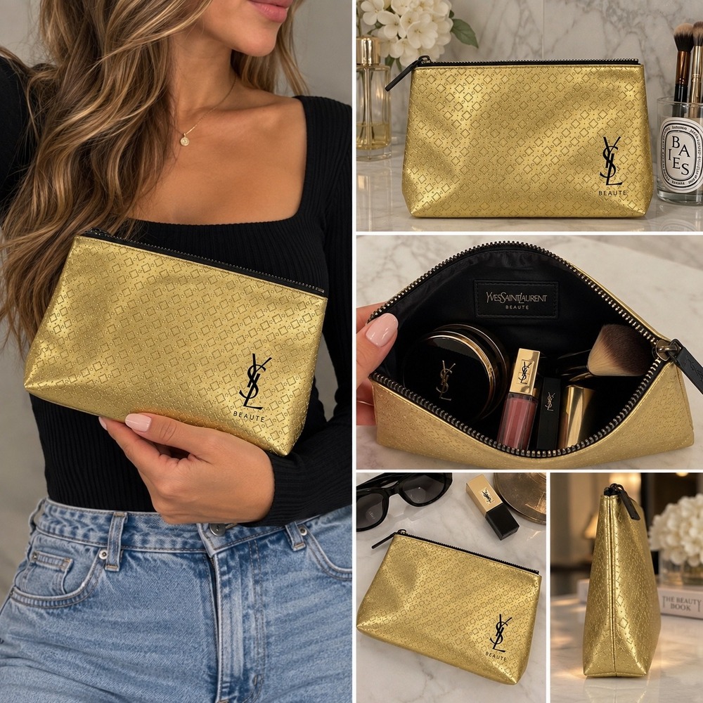 YSL Yves Saint Laurent Beaute Metallic Gold Makeup Bag Cosmetic Pouch Clutch